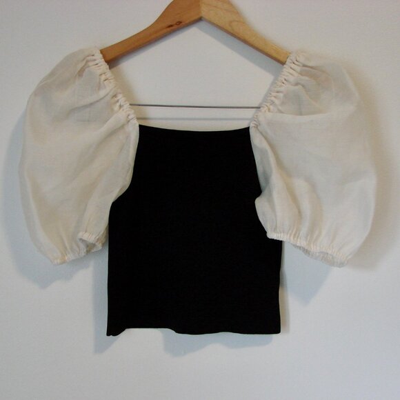 Miou Muse Black Cream Pouf Top Knit Ribbed Stretch Victorian Romantic Size Small - Picture 11 of 15
